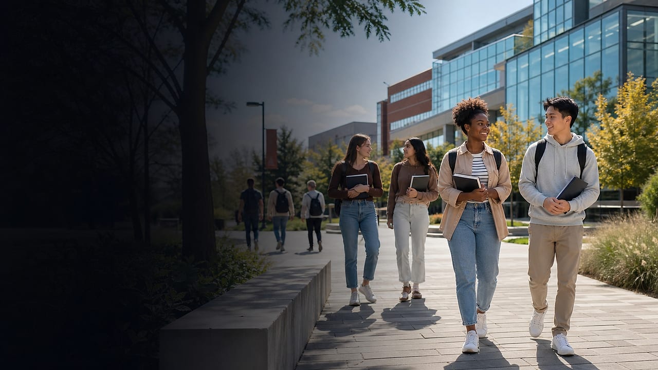 Group of students walking together on an Ontario college campus path