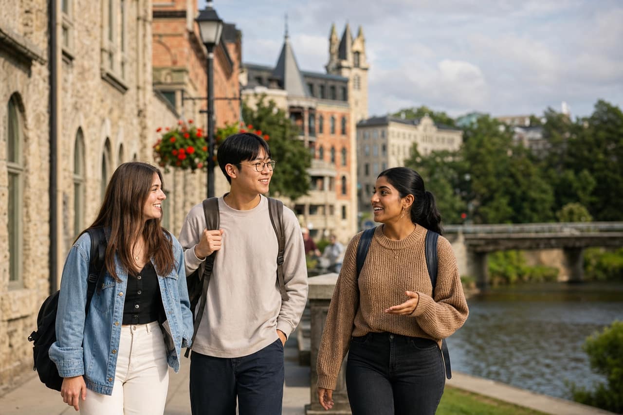College students walking together in Cambridge, Ontario