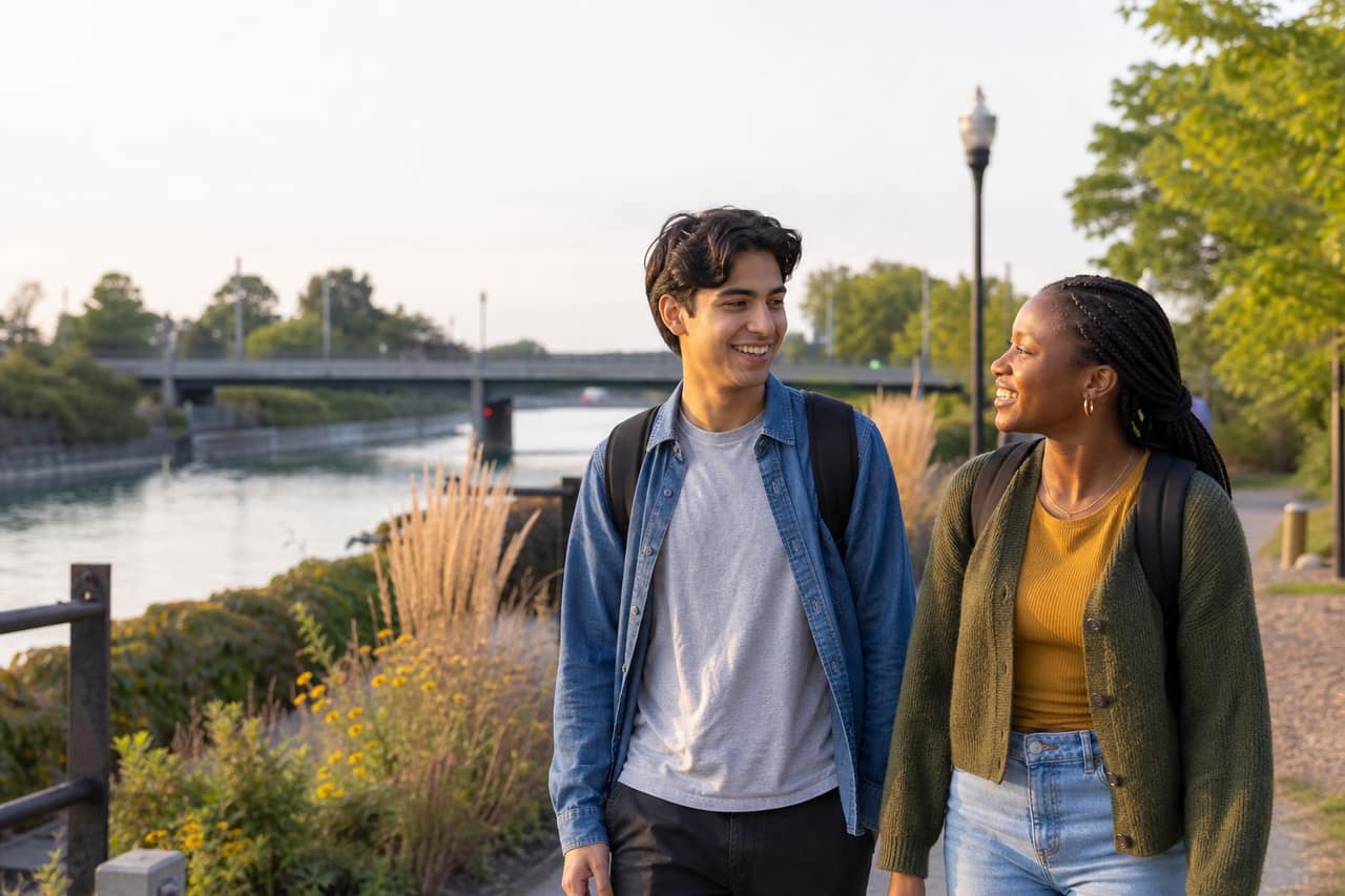 College students walking together in Welland, Ontario