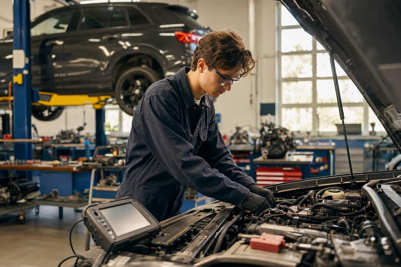 Hands-on Automotive Service training at an Ontario college workshop