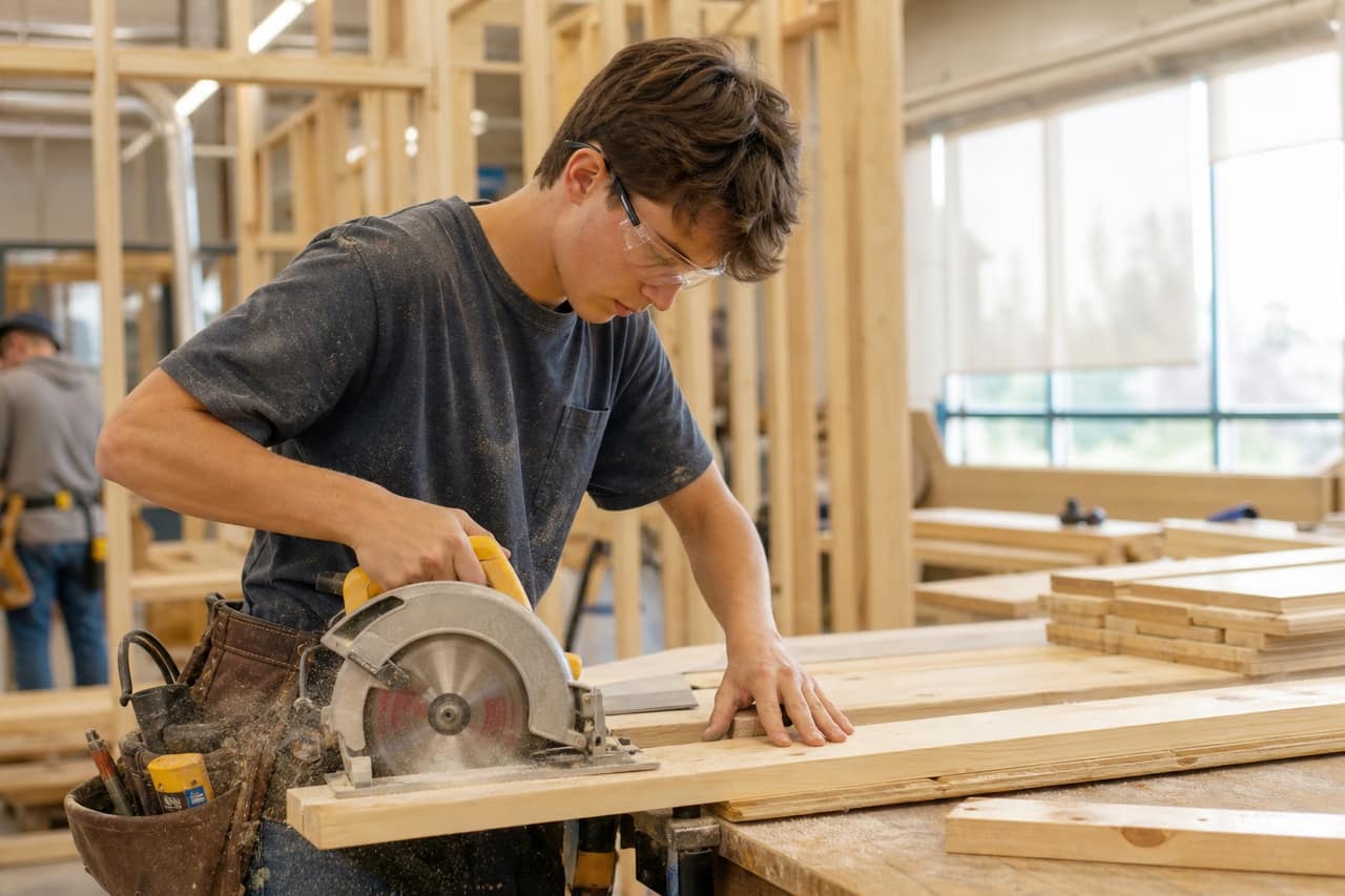 Hands-on Carpentry training at an Ontario college workshop