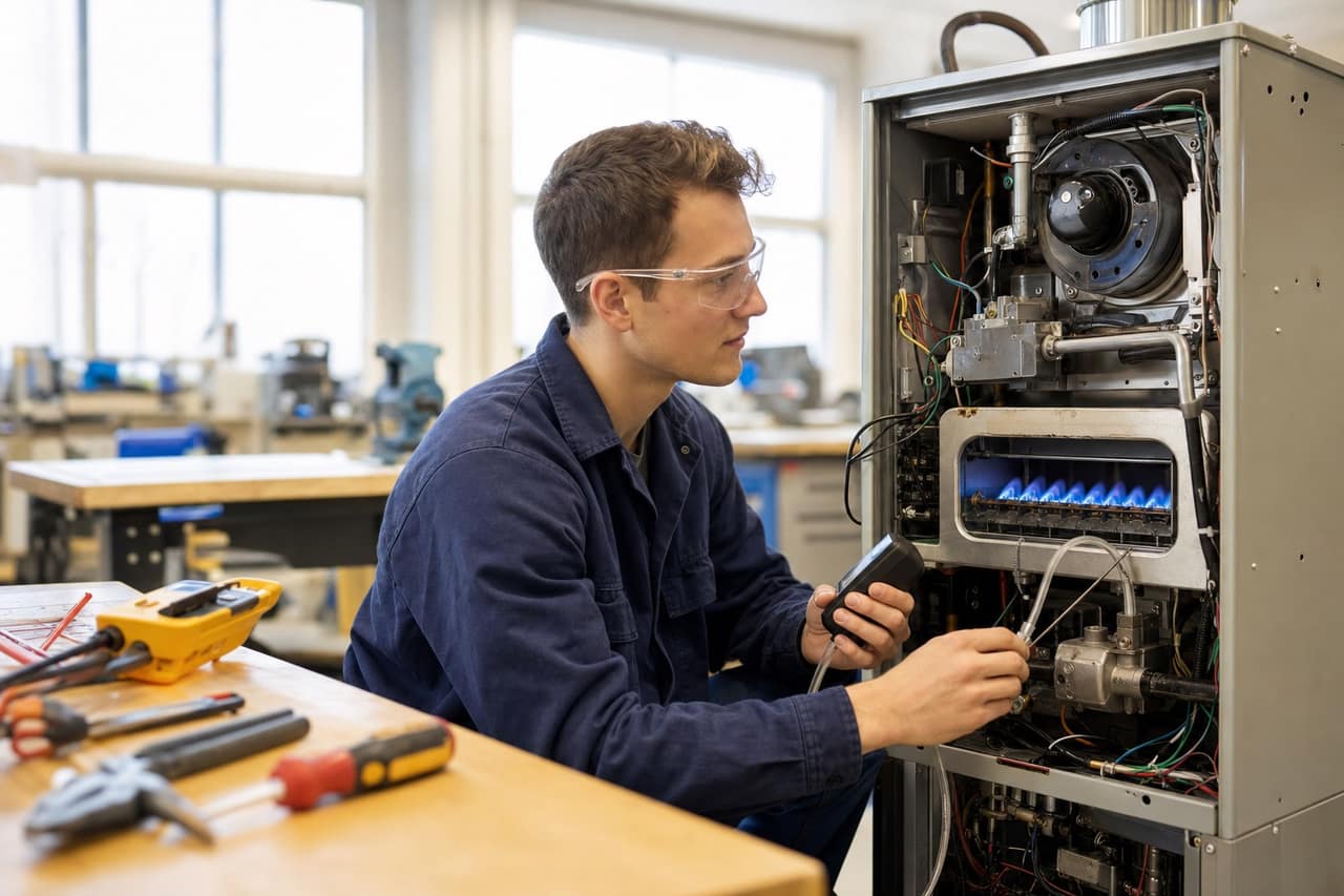 Hands-on Gas Technician training at an Ontario college workshop