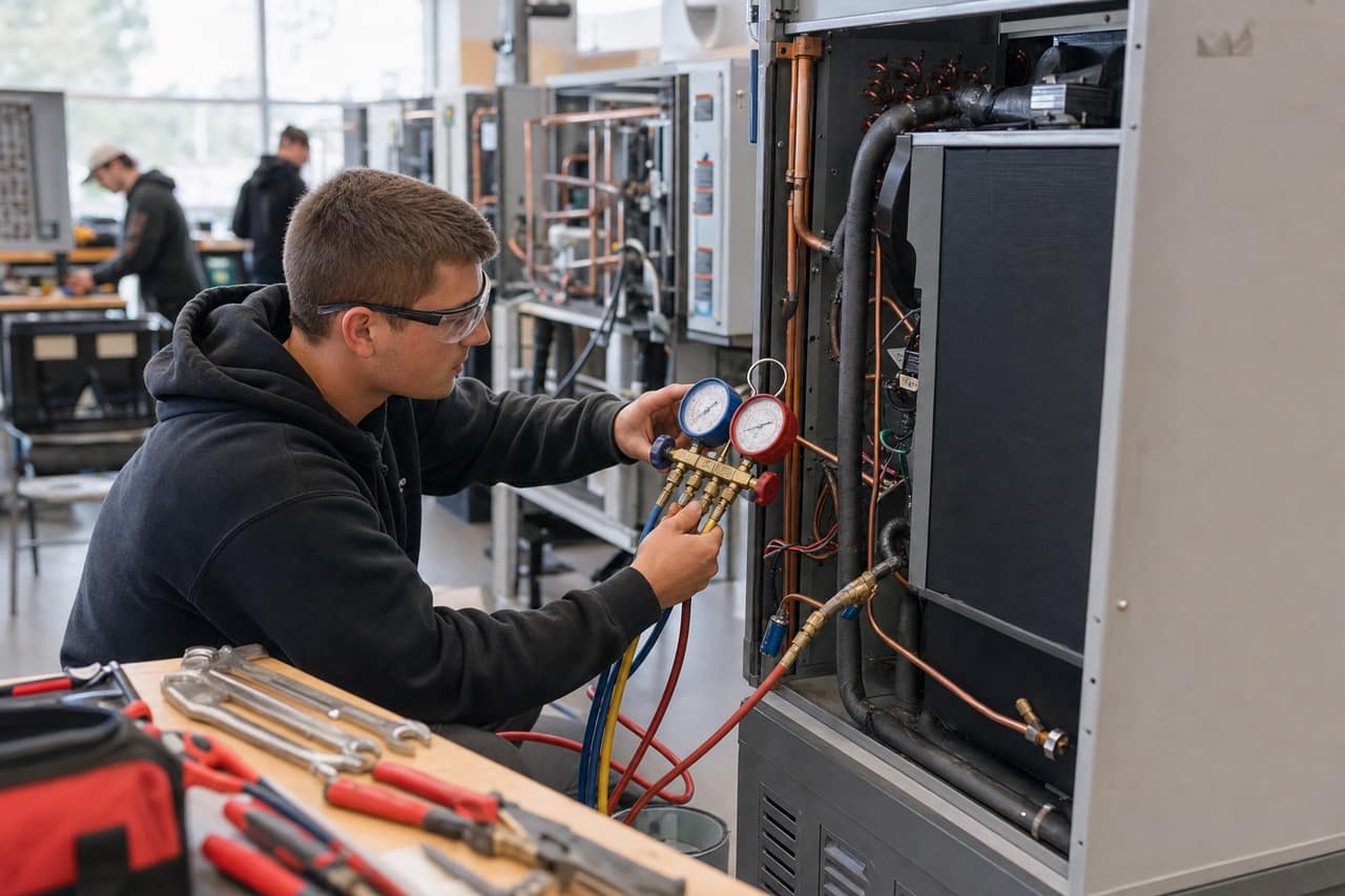 Hands-on HVAC training at an Ontario college workshop