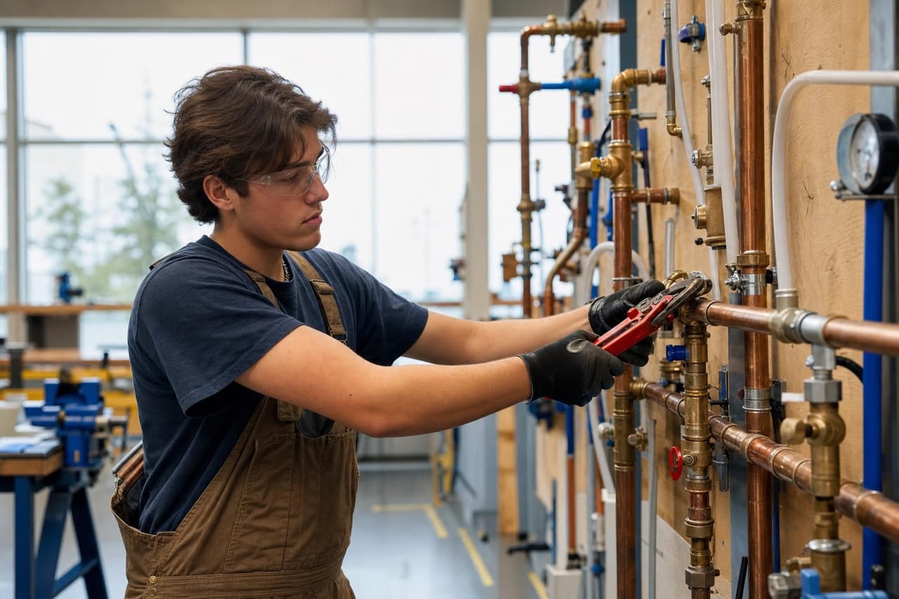 Hands-on Plumbing training at an Ontario college workshop