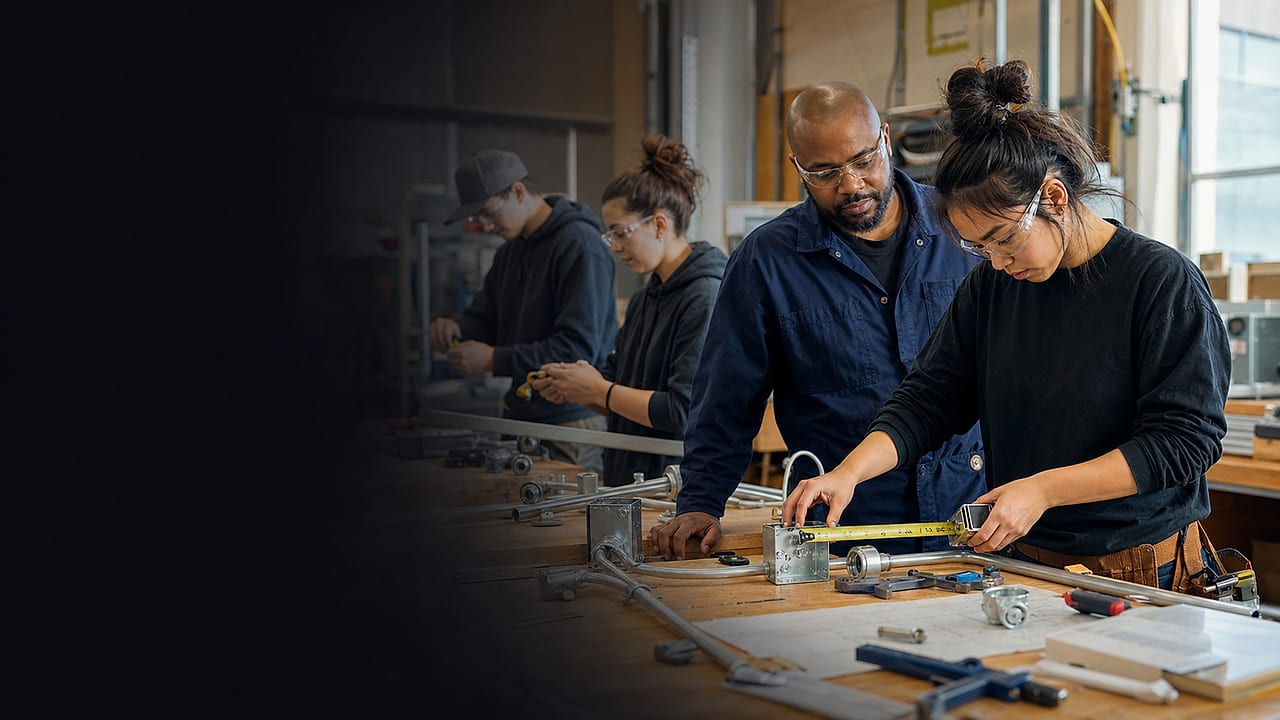 Skilled trades students and an instructor working with pipe fittings and tools at a workshop bench