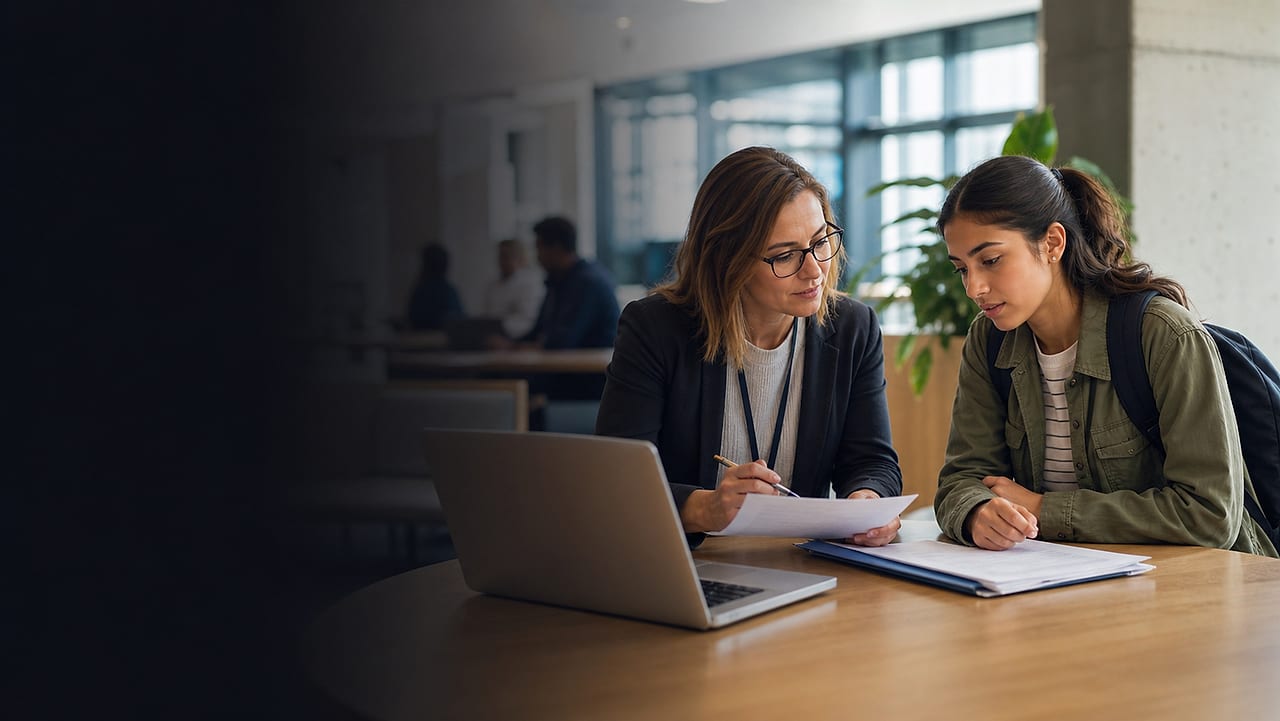 A financial aid advisor reviewing paperwork with a student at a laptop